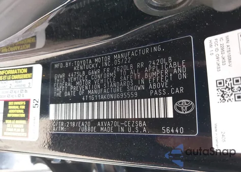 2022 Toyota Camry Se from USA, damaged, VIN 4T1G11AK0NU695559